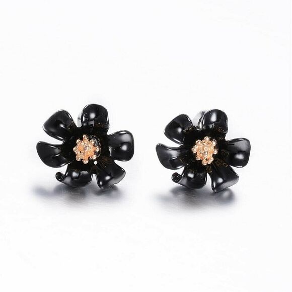 Elegant Retro Black Enamel with Gold Stamen Tropical Flower Stud Earrings - Picture 1 of 2